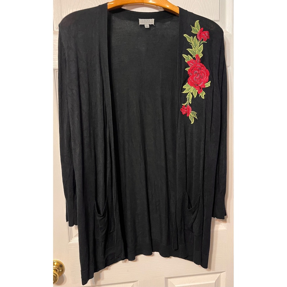 Joseph A. Black Open Front Cardigan Duster XL Red Floral Rose Embroidered